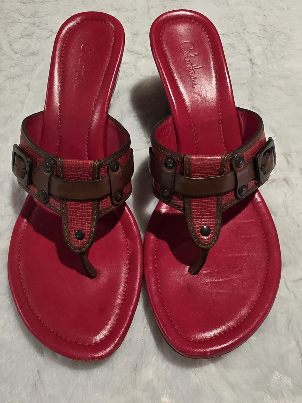 Cole Haan Red Thong Sandals with Brown Accent Straps and Stud Details - Picture 1 of 16